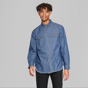 Men's Long Sleeve Raw Edge Denim Button-Down Shirt